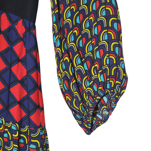 Alice + Olivia Karolina Mod Moon Tie Neck Blouson Sleeve Colorblock Midi Dress 6 - Picture 7 of 16